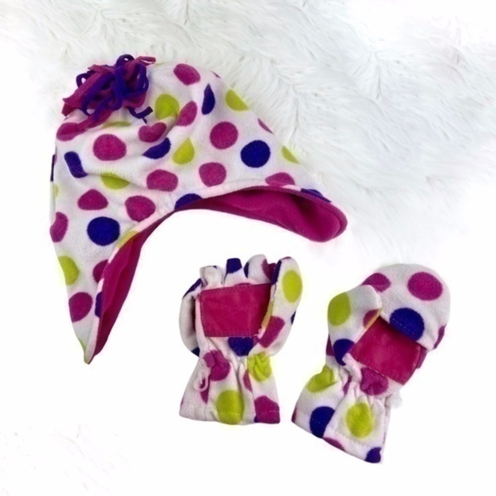Falls Creek Hat‎ and Mittens Winter Girls Polka Dot Soft Warm Fleece
